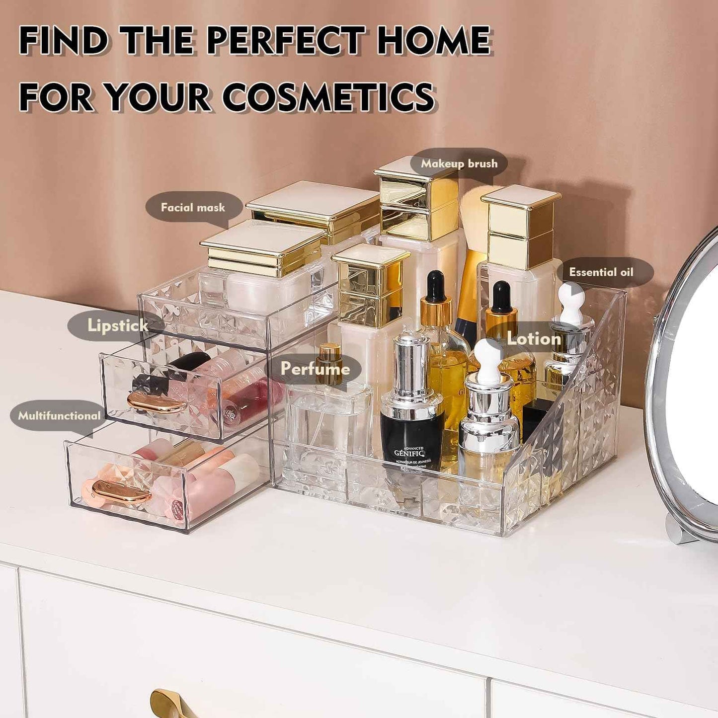 Clear Makeup Organizer for Vanity,Desk Makeup Caddy With Drawers for Cosmetics,Lipsticks Nail Care Skincare Jewelry Countertop Organizers,Cosmetic Display Cases for Bathroom, Dresser (Clear)