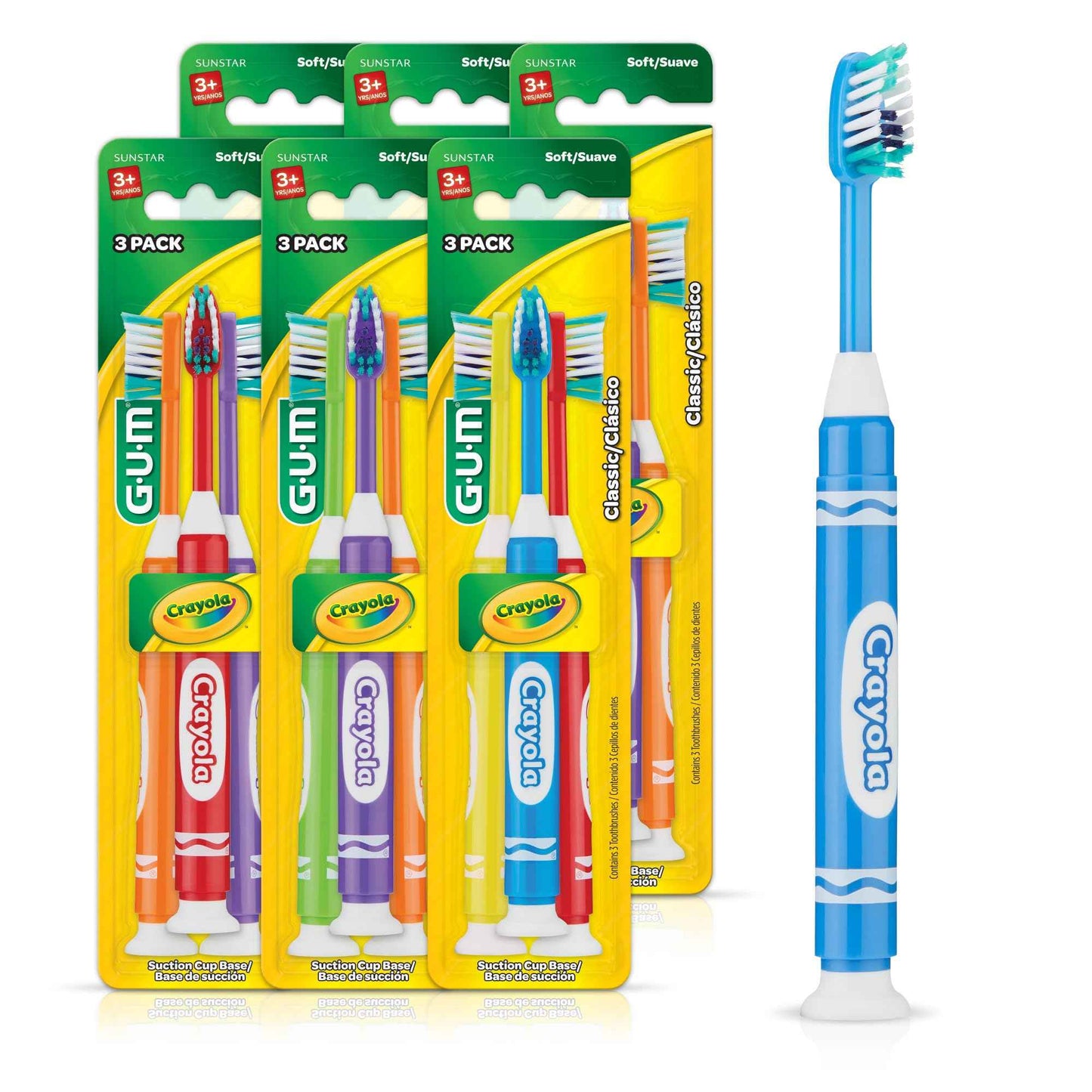GUM Crayola Marker Children’s Toothbrush, Soft Bristled Kids’ Toothbrush Set Age 5+, Suction Cup Base, 3ct (6pk)