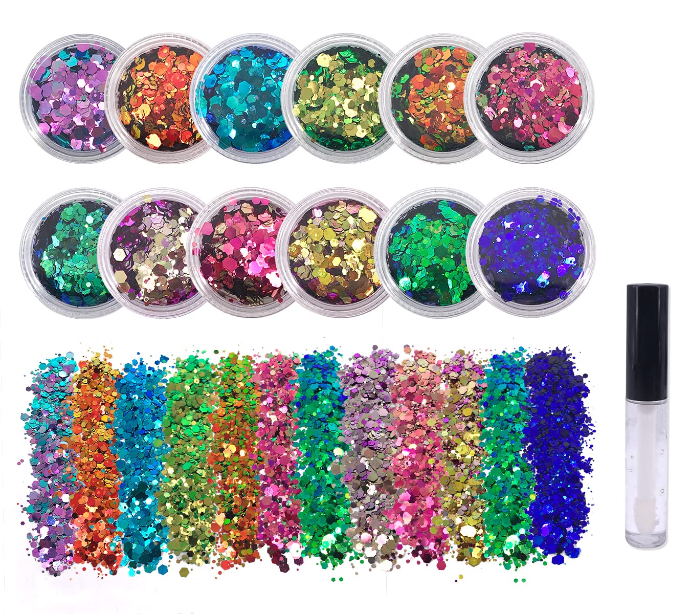 12 Pack - Mermaid Color Shift Chunky Face Glitter, Hair Glitter, Eye Glitter & Body Glitter for Women & Men. Rave Glitter, Festival Accessories & Cosmetic Glitter Makeup. Loose Glitter Pots, Glue