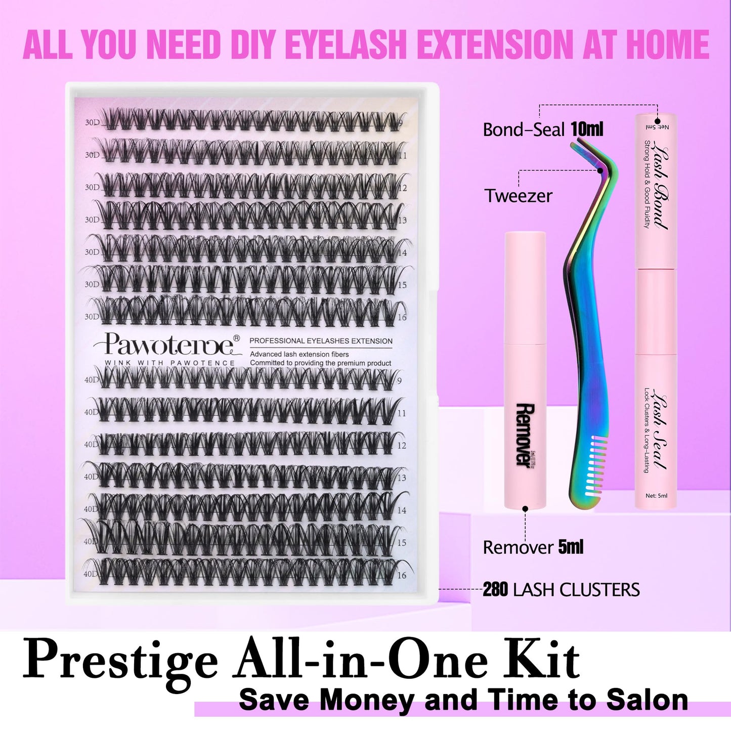 Pawotence DIY Lash Extension Kit 280pcs Individual Lash Clusters Kit 30D 40D Curl Eyelash Extension Kit with Lash Bond and Seal and Remover Lash Tweezers for Self Application (30D+40D-9-16MIX-ALL KIT）