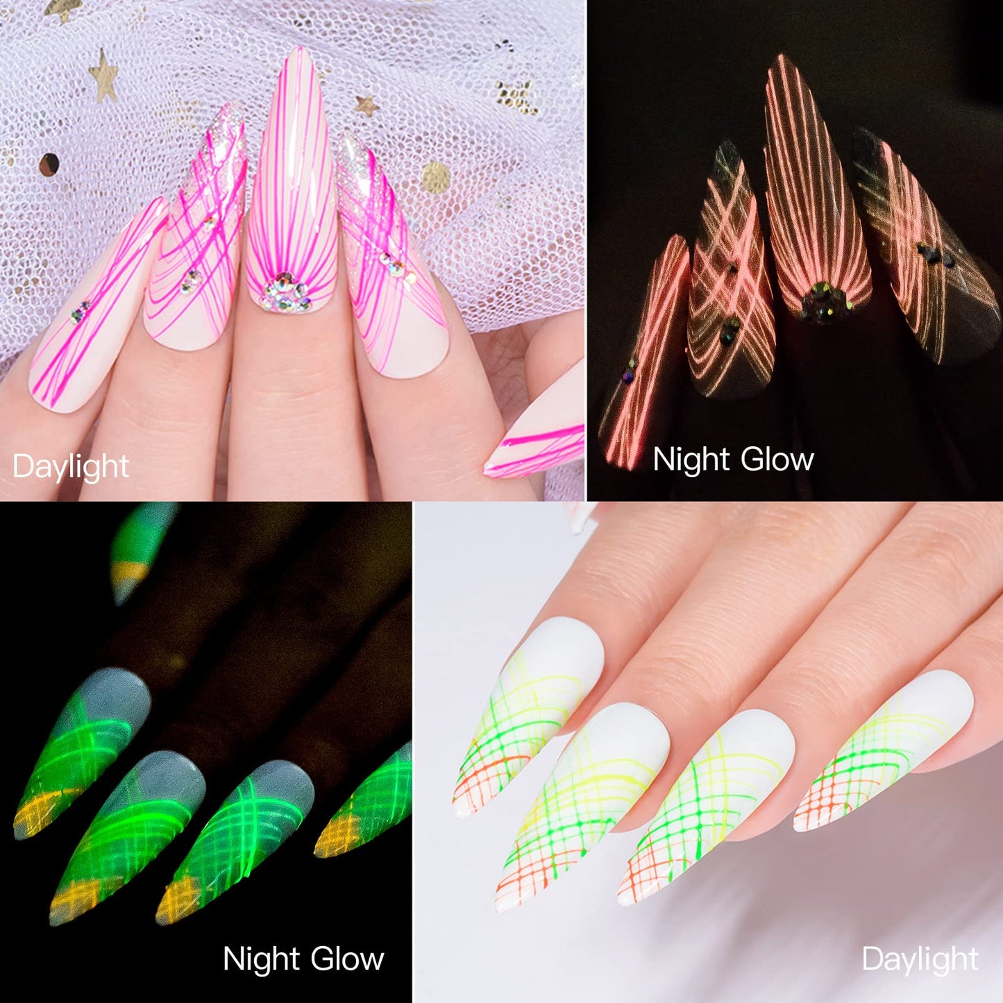 MEET ACROSS 6 Colors Luminous Spider Gel, Glow In The Dark Nail Art Drawing Gel for Line, Painting Elastic Drawing Spider Gel for Nail Art, Soak off UV LED Nail Gel, DIY Nail Art Manicure with Brushes