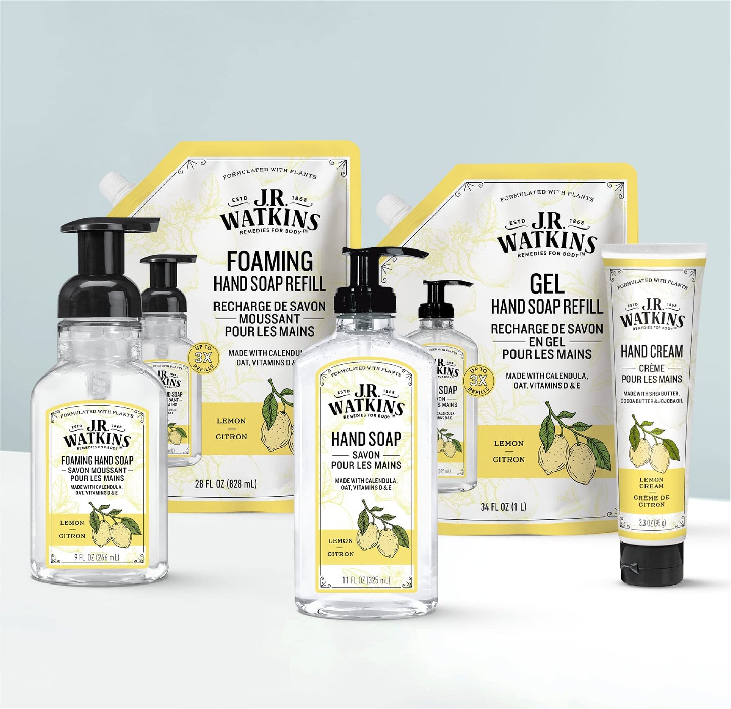 J.R. Watkins Foaming Hand Soap Refill 3 Pack 28 fl oz Lemon and Foaming Hand Soap with Pump 3 Pack 9 fl oz Ocean Breeze