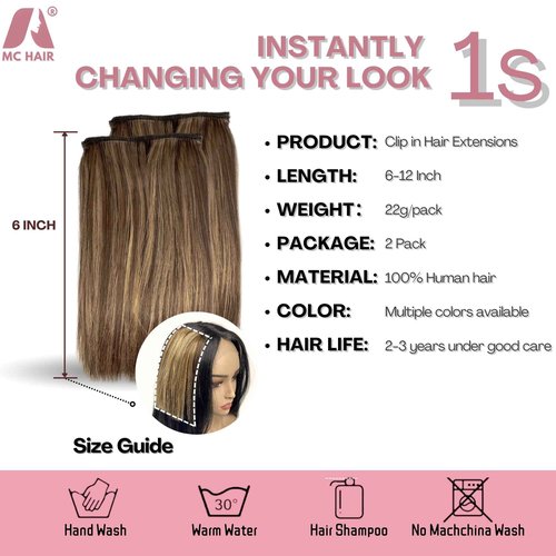 2 Pcs Short Hair Extensions, Clip in Extensions Human Hair for Women Adding Volume 10 Inch Medium Brown and Honey Blonde