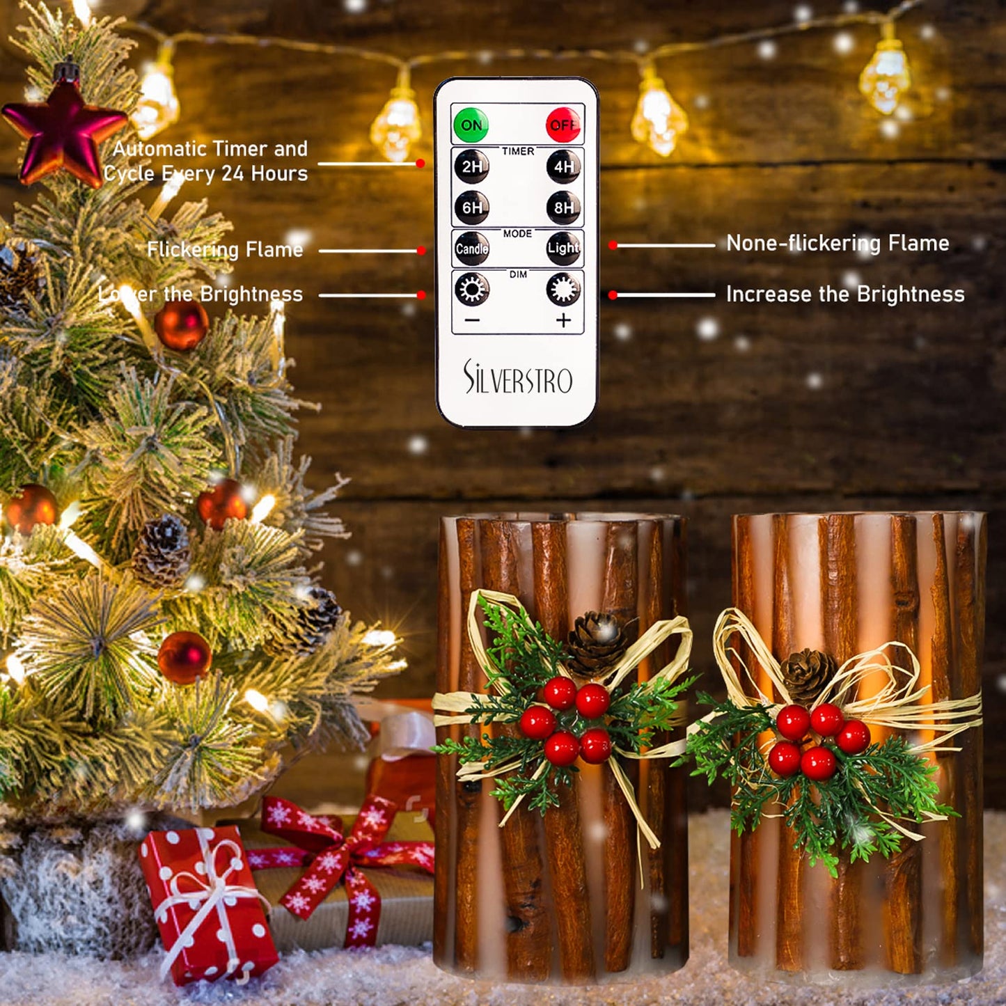 Silverstro Christmas Fake Candles with Remote Embedded Cinnamon Bark Blinks Real Wax Decorative Candles for Home Party Xmas Holiday Decorations - D3.23 X H6 Set of 2