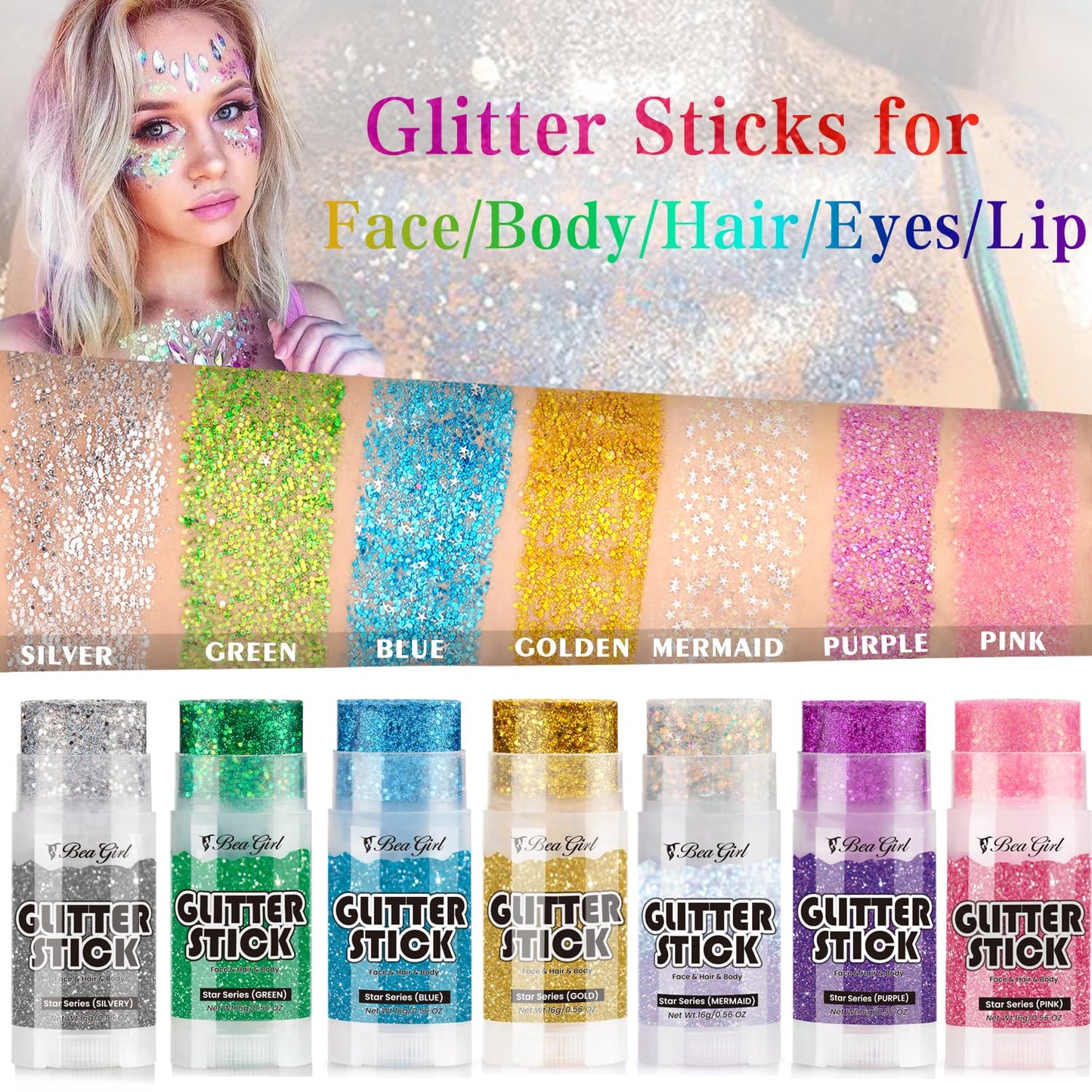 Beagirl Golden Body Glitter Stick, Chunky Glitter Gel, Pride Face Paint Rainbow Cosmetic Glitter for Women Kids,Music Festival Essentials for Hair, Face, Clavicle, Arm, Nail, Eyeshadow