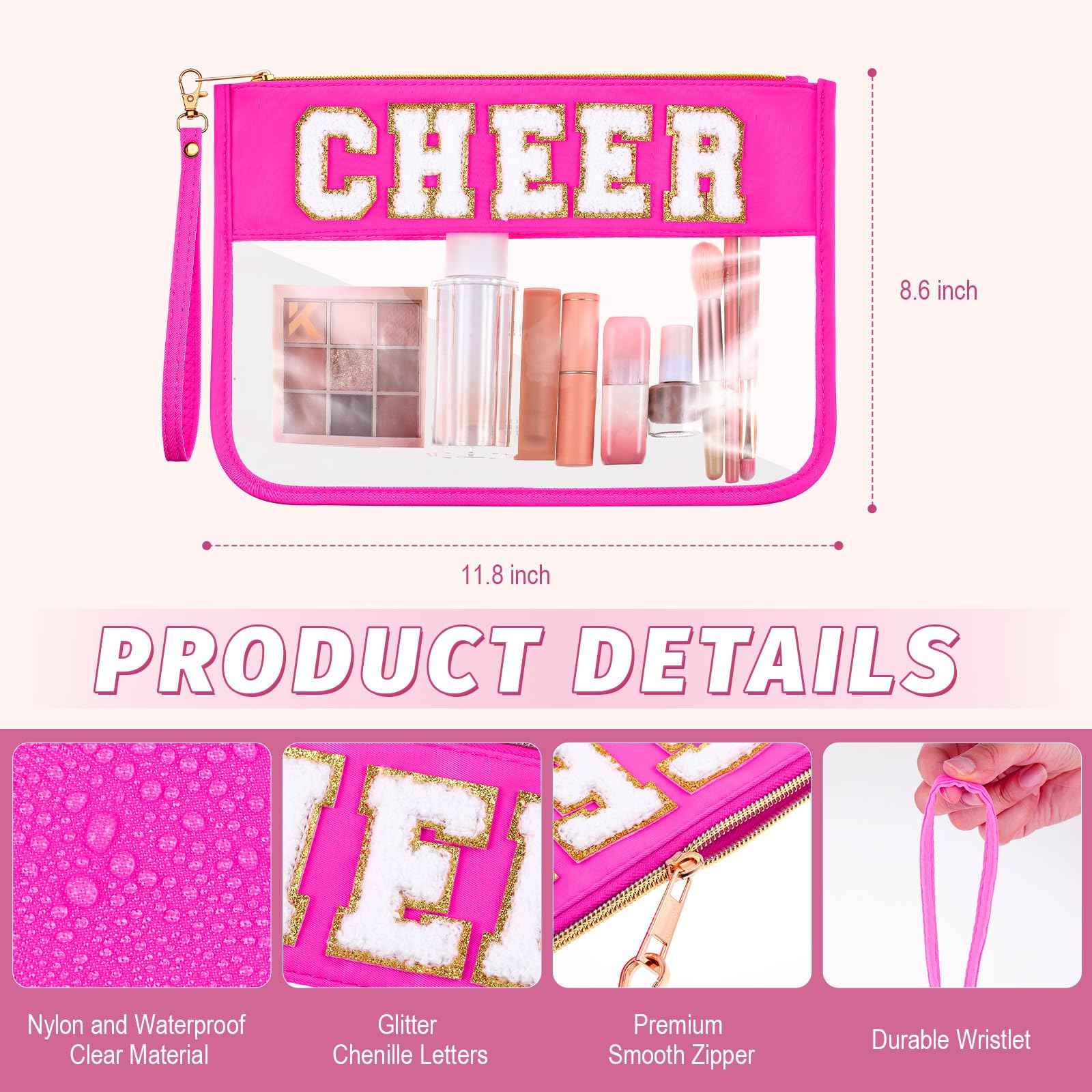 Kacctyen 6 Pcs Cheer Bags Chenille Letter Makeup Bag Cheer Gifts for Stuff Cheerleader, Rose Red Clear Zipper Pouch Cosmetic Toiletry Pouch with Handle for Women Girls Gym Beach Travel(Rose Red,Cheer)
