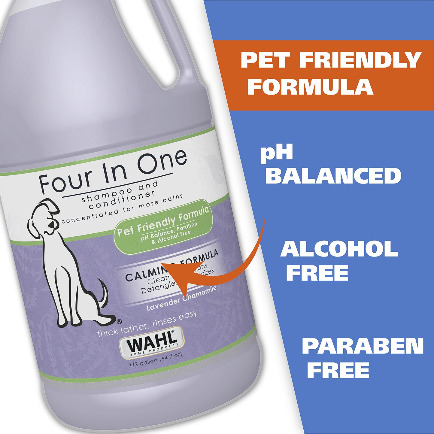 Wahl USA 4-in-1 Calming Pet Shampoo for Dogs – Cleans, Conditions, Detangles, & Moisturizes with Lavender Chamomile - Pet Friendly Formula – 64 Oz - Model 821000-050