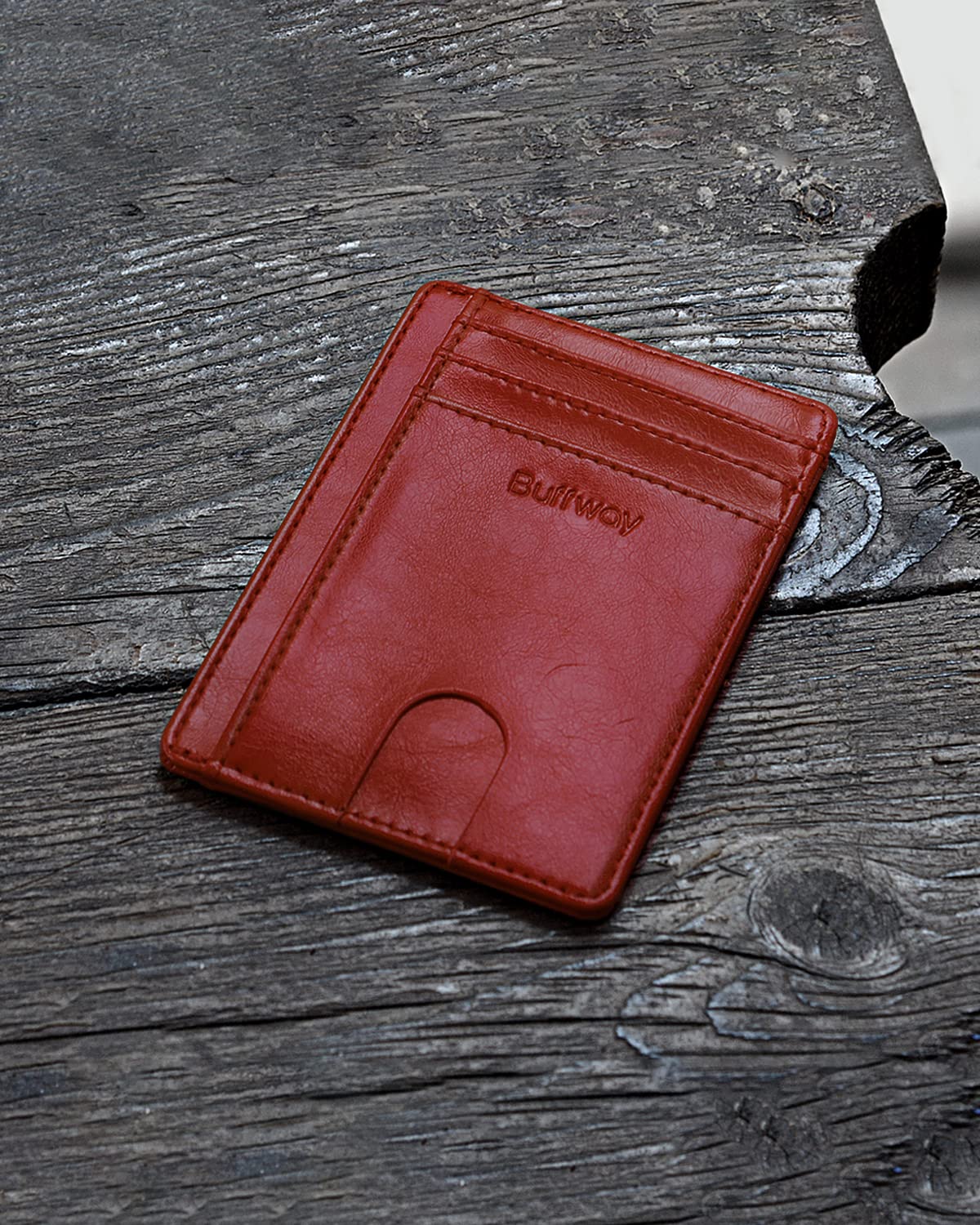 Buffway Slim Minimalist Front Pocket RFID Blocking Leather Wallets for Men and Women - Alaska Cherry