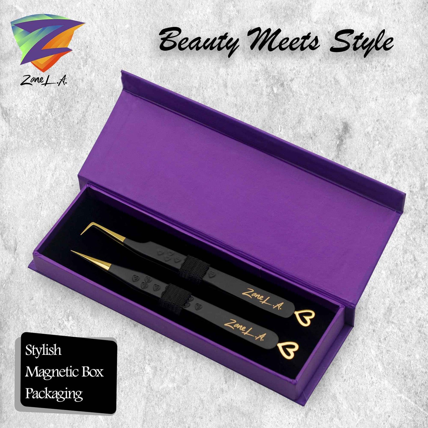 Zane L.A. Nano Fiber Tip Professional Eyelash Extension Tweezers, made with Japanese Stainless Steel, Unique Heart Design (Black)