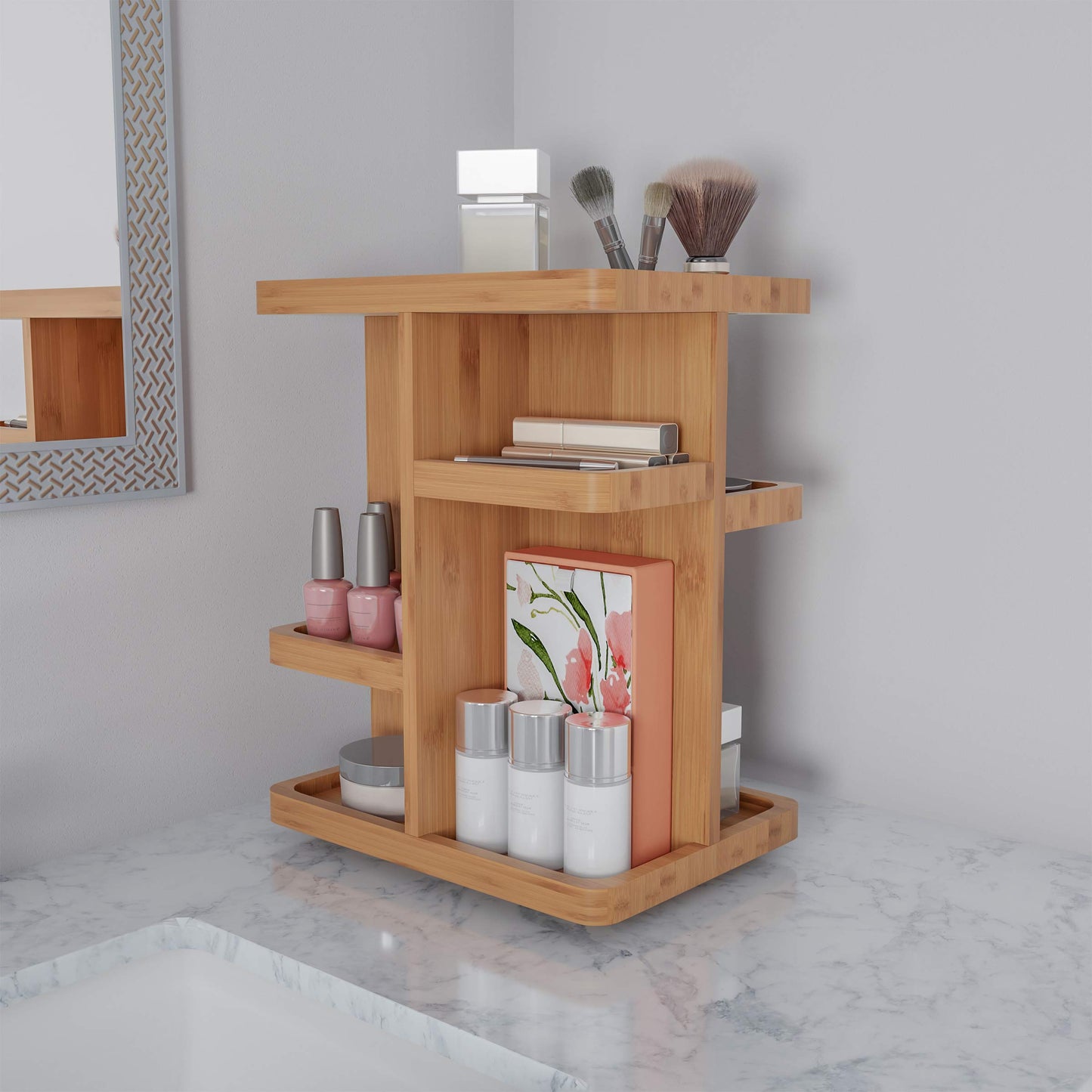 Lavish Home Makeup Organizer - Rotating Eco-Friendly Compact Modern Bamboo Skincare Cosmetic and Vanity Carousel for Bedroom, Bathroom, and Dorm