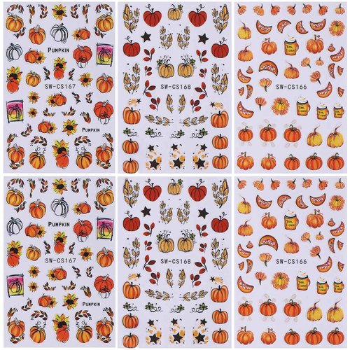 6Sheets Fall Pumpkin Nail Stickers,3D Thanksgiving Day Nail Art Stickers Autumn Maple Leaves Fruit Fallen Leaves Sunflower Design Decals Halloween Holiday DIY Manicure Decoration Accessories