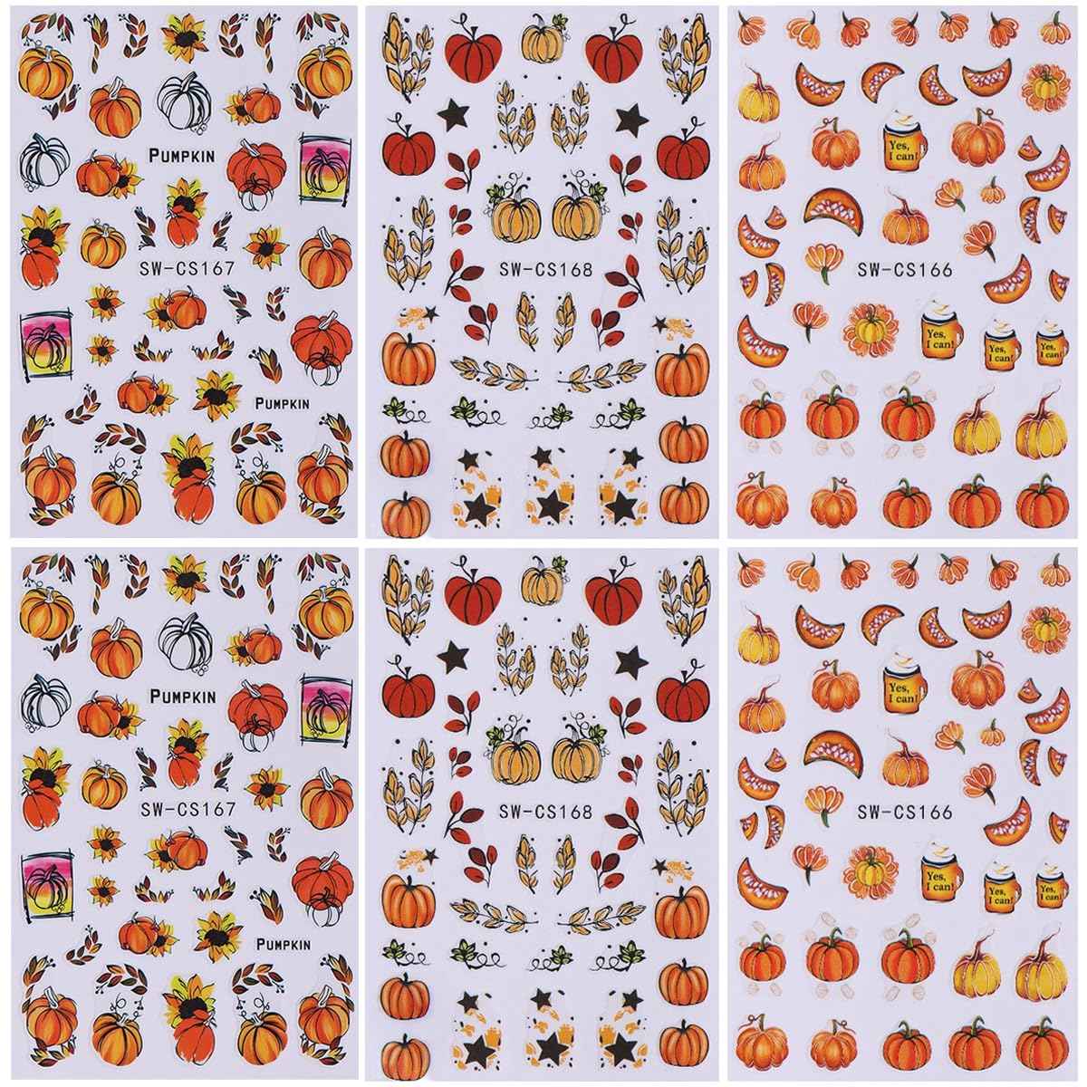 6Sheets Fall Pumpkin Nail Stickers,3D Thanksgiving Day Nail Art Stickers Autumn Maple Leaves Fruit Fallen Leaves Sunflower Design Decals Halloween Holiday DIY Manicure Decoration Accessories
