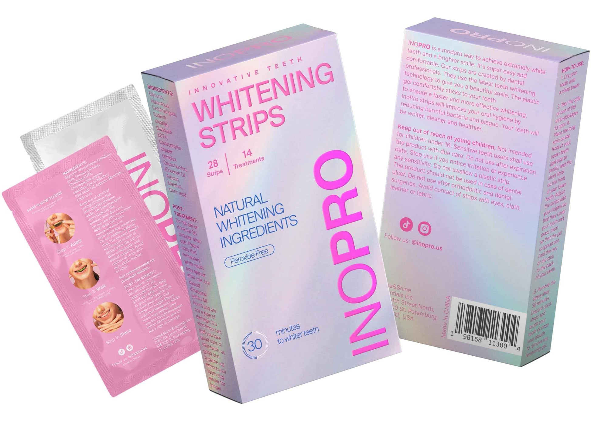 InoPro Teeth Whitening Strips 14 Treatments Kit - Enamel Safe Teeth Whitener, Peroxide-Free, Green White Strips for Teeth Whitening with Arbutin, Coconut Oil, Deep Stains Removal (28 Strips)