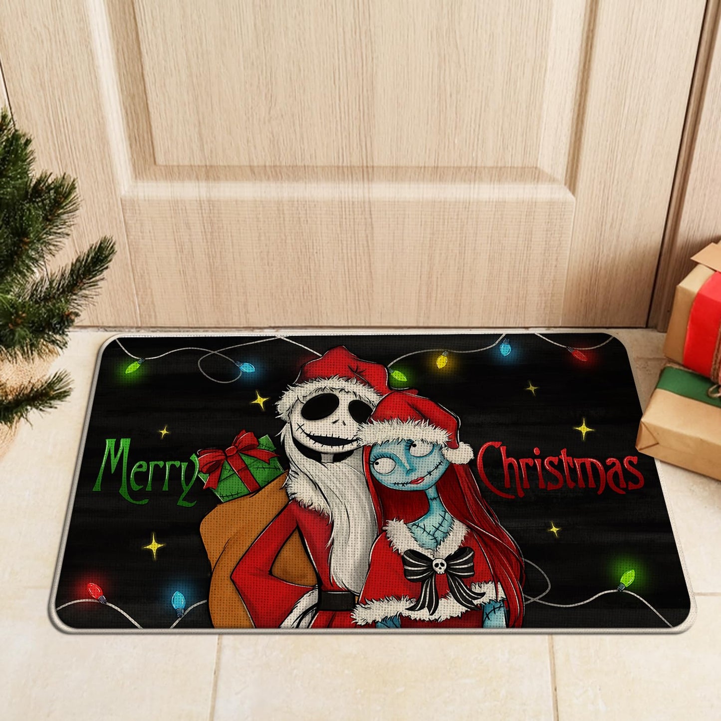 Tailus Merry Christmas Believe Kitchen Rugs Set of 2, Xmas Jack Skellington Sally Black Kitchen Mats Decor, Funny Holiday Floor Door Mat Home Decorations -17x29 and 17x47 Inch