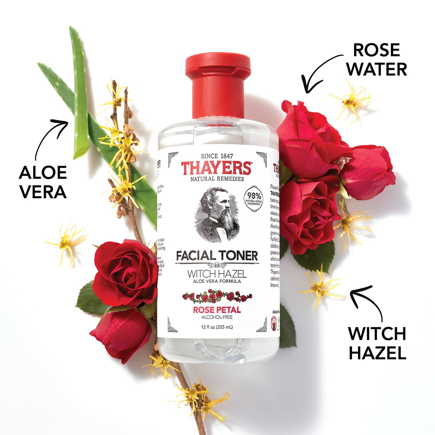 THAYERS Alcohol-Free, Hydrating Rose Petal Witch Hazel Toner with Aloe Vera, 12 Oz (Pack of 3)