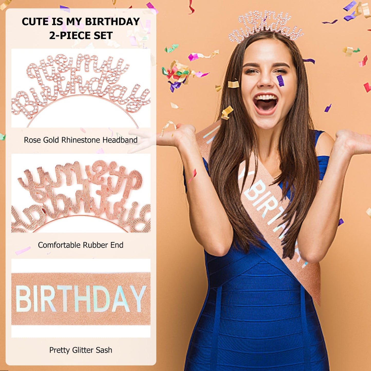 BAHABY It's My Birthday Sash & Birthday Headband Set Rhinestone Tiara Birthday Gifts for Women Girls Sweet Happy Birthday Accessories for Party- Rose Gold