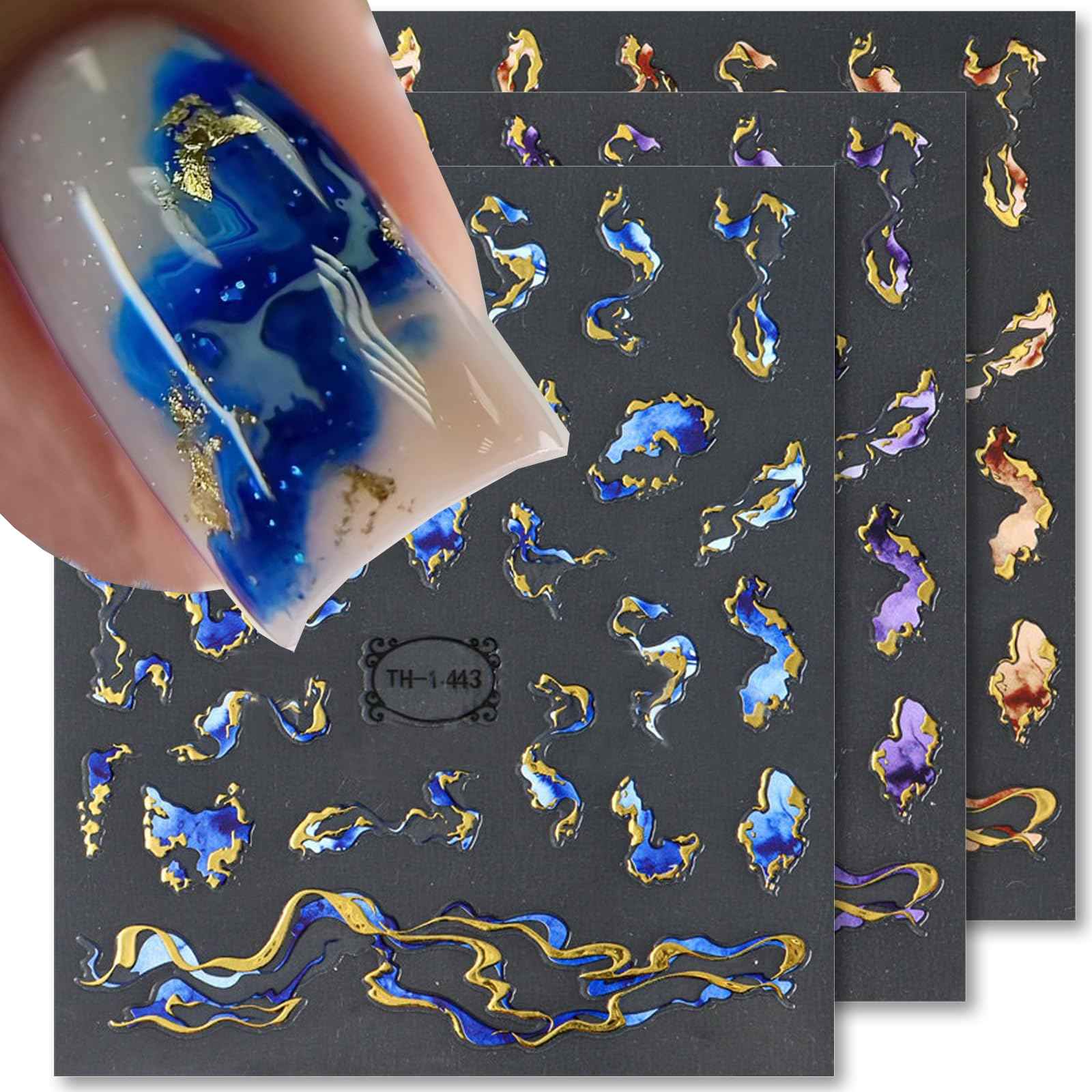 3D Bronzing Gold Marble Nail Art Stickers, 6pcs Blue Purple Irregular Gild Stamping Decals for Women Designs, Self Adhesive Accessories