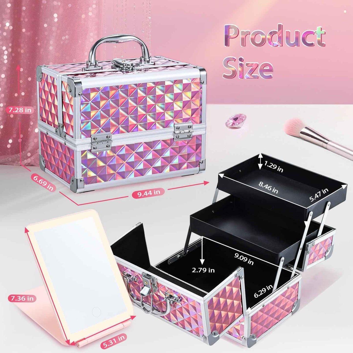 Faquenc Makeup Case with Lighted Mirror Travel Makeup Organizer Box 2 Trays Lockable Cosmetic Train Case with Movable LED Mirror for Girls Make Up Nail Kits Sewing Vanity Storage Case Shiny Pink