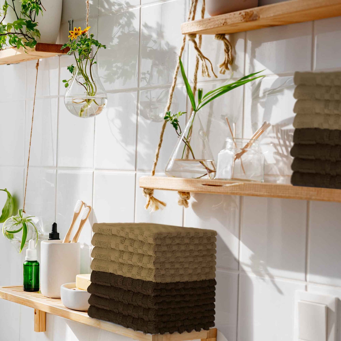 DecorRack 8 Pack 100% Cotton Wash Cloth, Luxurious Soft, 12 x 12 inch Ultra Absorbent Jacquard Towels, Machine Washable Washcloths, Cappuccino Set (8 Pack)