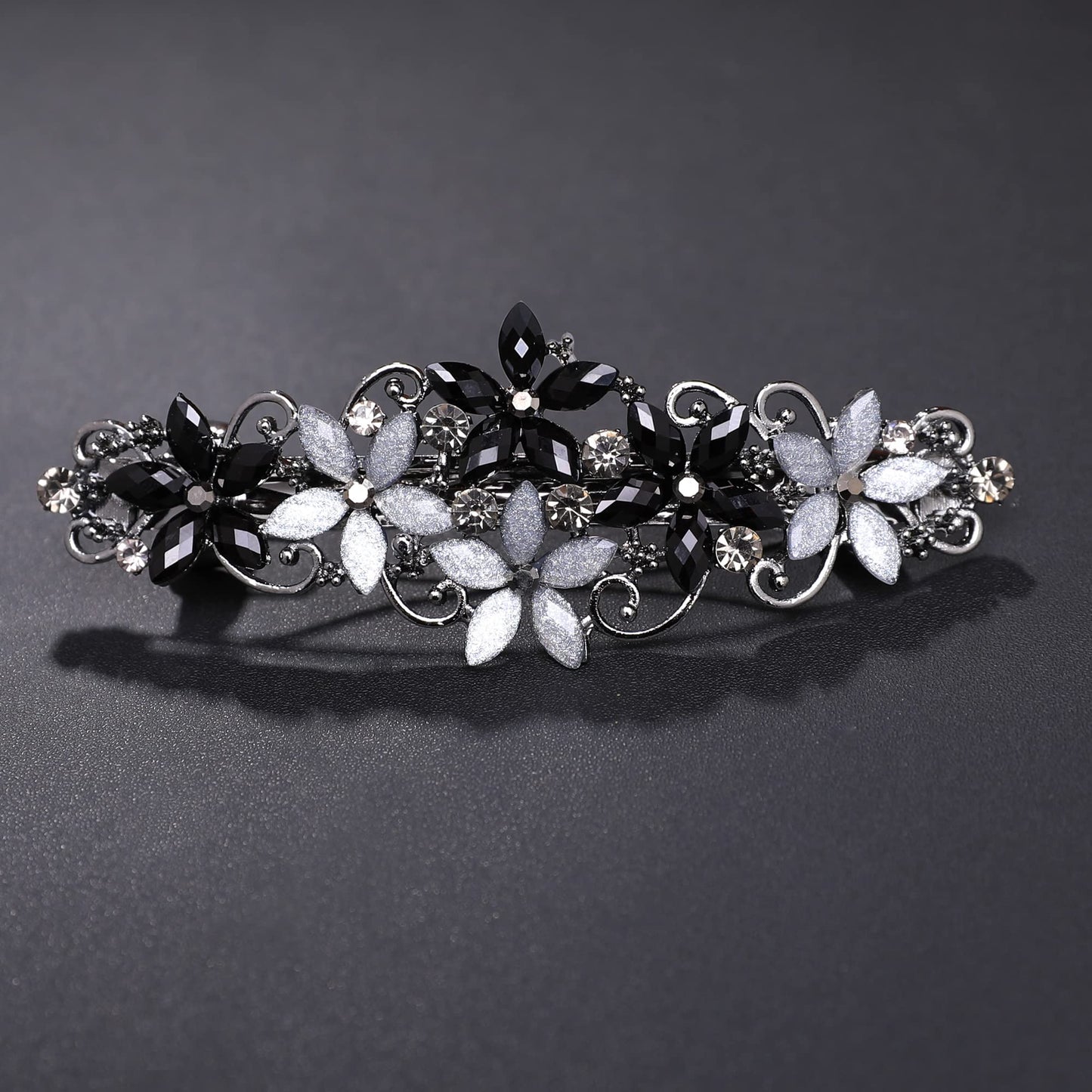 Flower Rhinestone Hair Barrettes for Women Fine Hair Glitter Sparkle Fancy Hair Clips for Women And Girls Elegant Pearl Barrettes (Black&Gray)