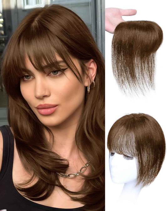 Hair Toppers for Women Real Human Hair, Bangs Hair Clip 360°3D Cover Clip on Bangs for Women Fake Bangs for Daily Wear (10 Inch Brown)