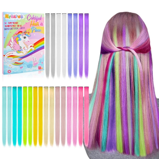 Kyerivs 24PCS Colored Hair Extensions Temporary Hair Color Gift for Girls Age 5 6 7 8 9 10-14, 20Inch Clip In Rainbow Straight Hairpieces Colorful Hair Accessories Easter Basket Stuffer for Kid Teen