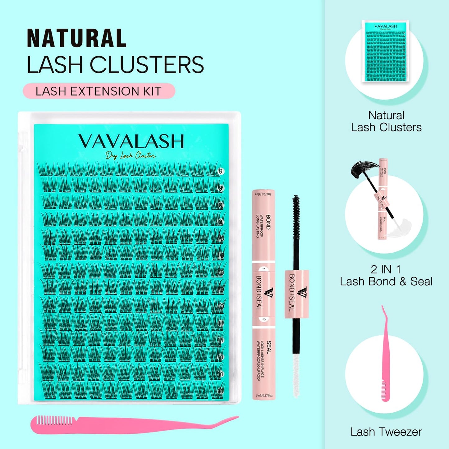 VAVALASH Natural Lash Clusters Kit 9-11mm Cluster Lashes Wispy Lash Extensions Volume Individual Cluster Lashes Self Application Eyelash Extensions DIY at Home (Natural,kit)