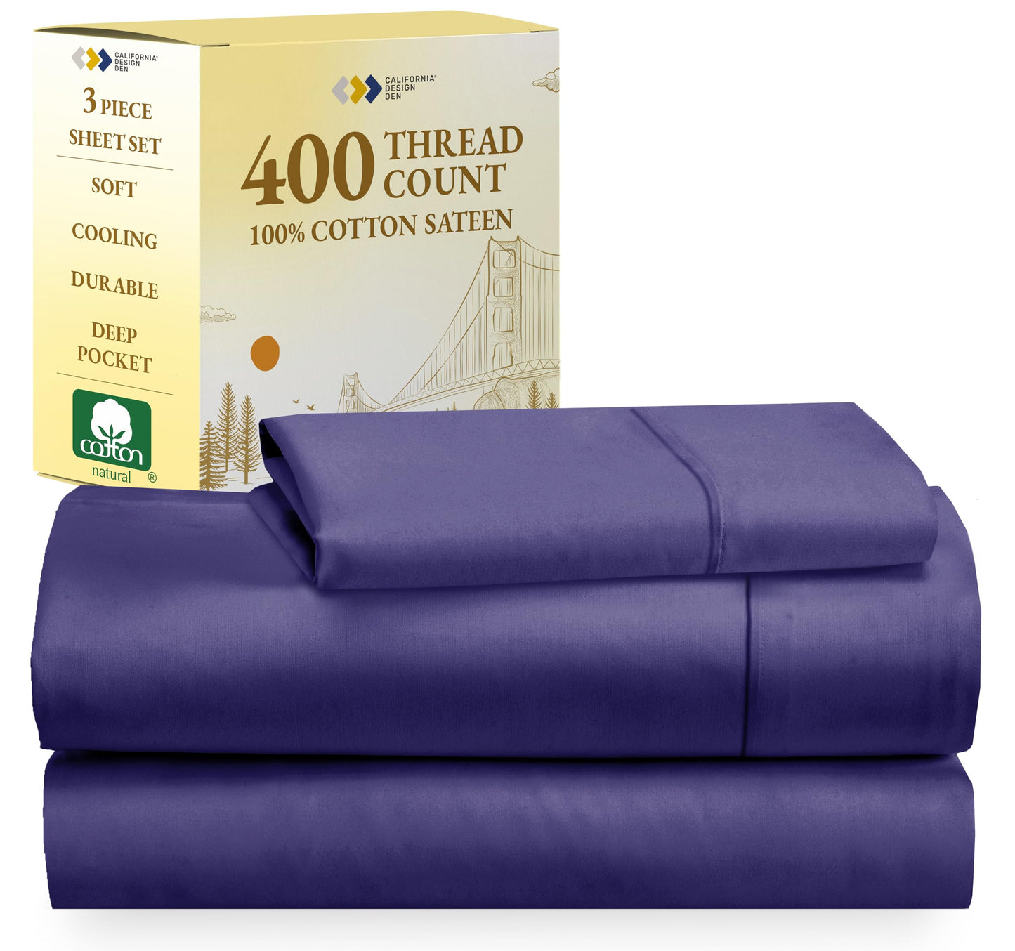 California Design Den Softest 100% Cotton Sheets, Twin Sheets Set, 400 Thread Count Sateen Bedding for Dorm Rooms & Adults, Deep Pocket Sheets, Cooling Twin Bed Sheets (Dark Purple)