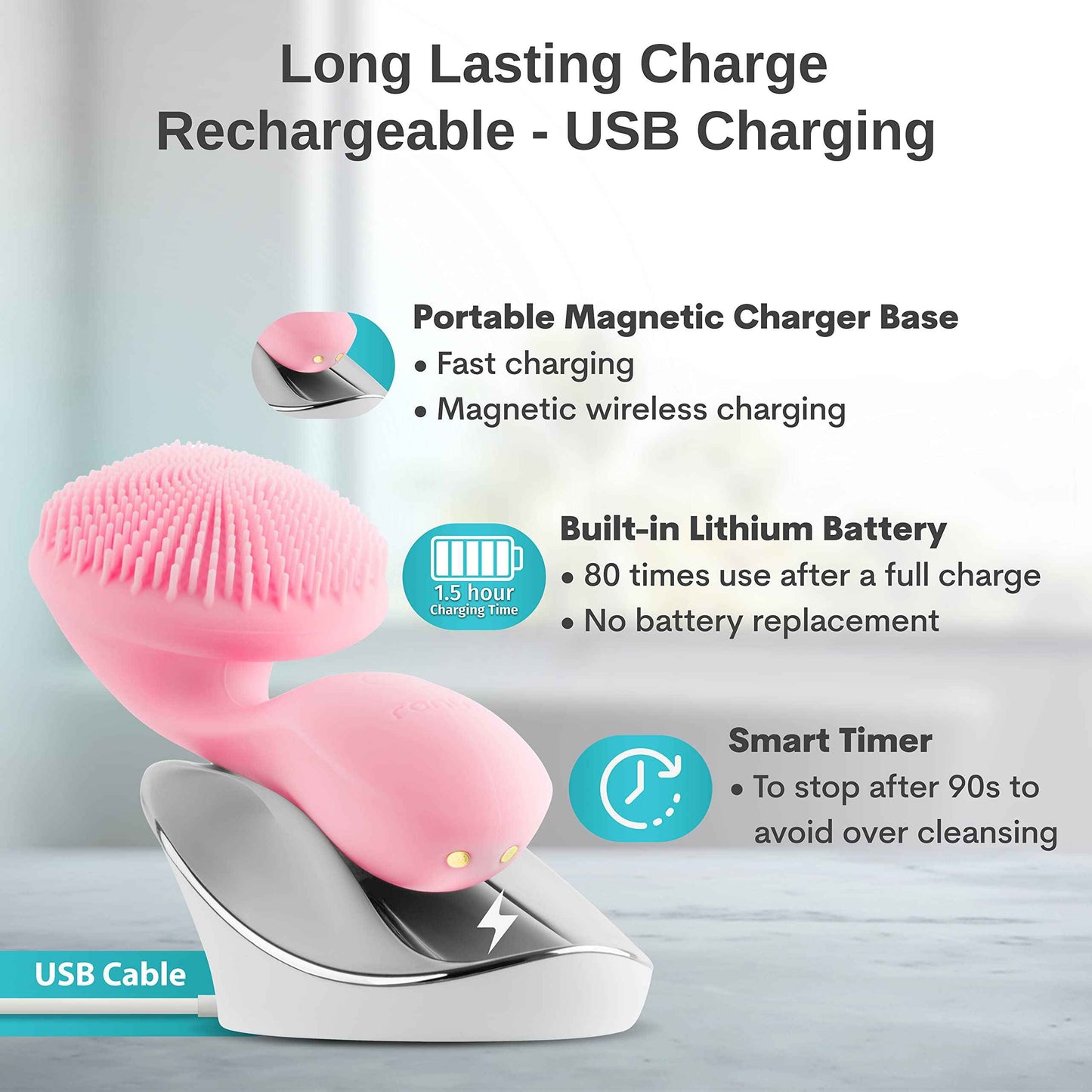 Ronux Silicon Facial Cleansing Brush - Electric, Rechargeable, Waterproof IPX7 - Rotating Magnetic Beads - 4 Function Modes - Face Massage for Deep Cleaning - Magnetic Charging Base - Ergonomic Handle