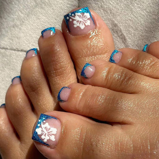 Hibiscus Flowers Press on Toes Nails French Tip Fake Toenails Full Cover Nude Floral Designs False Nails Glossy Blue Glitters Toenail Tips Acrylic Toe Nails Summer Glue on Toenails for Women Manicure