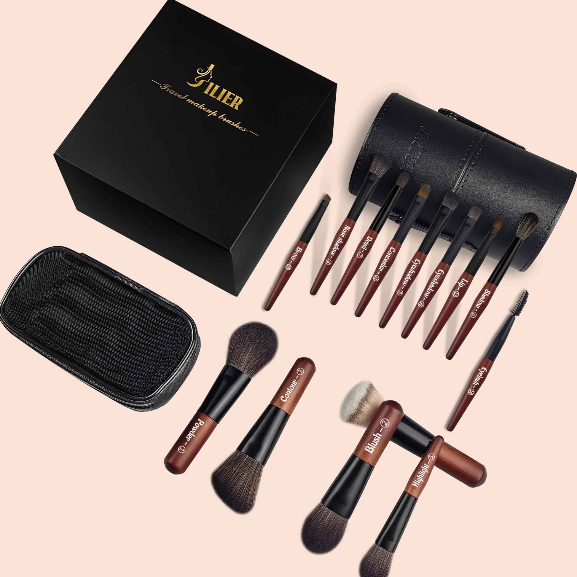 Jilier 14 pcs Mini Makeup Brushes and Pocket Mirror, Travel Makeup Brush Set, LED Compact Mirror with Light, Travel Size with Case, Portable for Handbag, Travel Essentials for Women