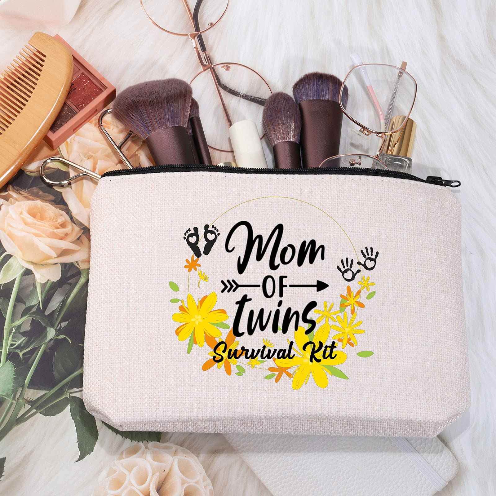 MEIKIUP Twins Mama Gifts Mom Of Twins Makeup Bag Mommy To Be Gifts New Mom Travel Zipper Mom of Twins Sur vival Kit(Mom of Twins bag)