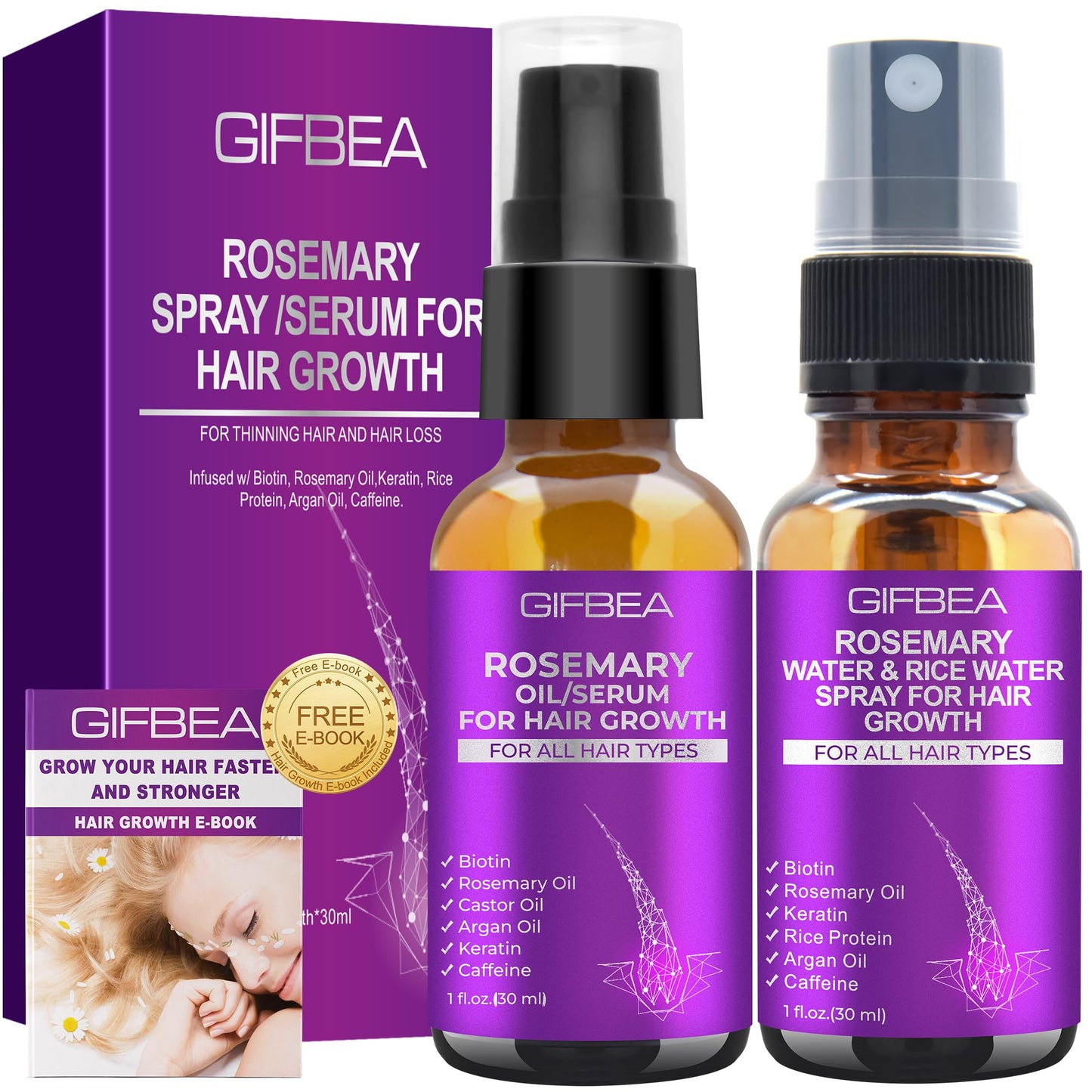 Rosemary Oil Hair Growth Serum W/Rosemary Water & Rice Water Spray Hair Growth,Biotin Castor Oil Argan Oil Caffeine Keratin Reduce Hair Loss,Restore Dry Damaged Hair Regrowth Treatments for Women Men