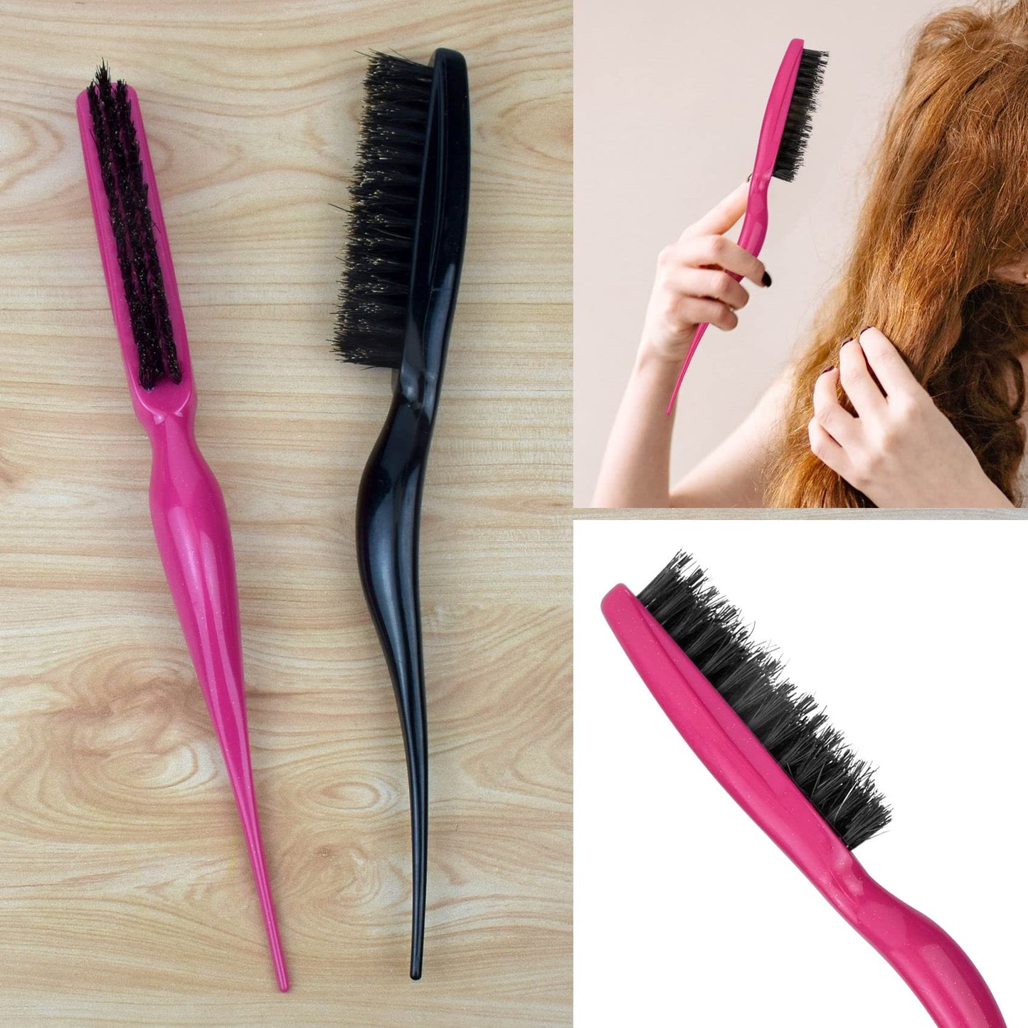 1 Pcs Teasing Brush Boar Bristle Hair Brush for Volume Hair Scalp Massage, Teasing Brush with Tail Handle for Back Brushing, Back Combing, Creating Volume, Teasing and Slicking Your Hair Back (Black)