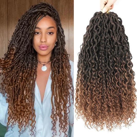 Goddess Locs Crochet Hair Brown 18 Inch 7 Packs Faux Locs Crochet Hair Soft Crochet Locs boho Locs Crochet Hair Synthetic Hippie Locs Pre Looped Crochet Braids Curly Ends (18 Inch, 1B/30)