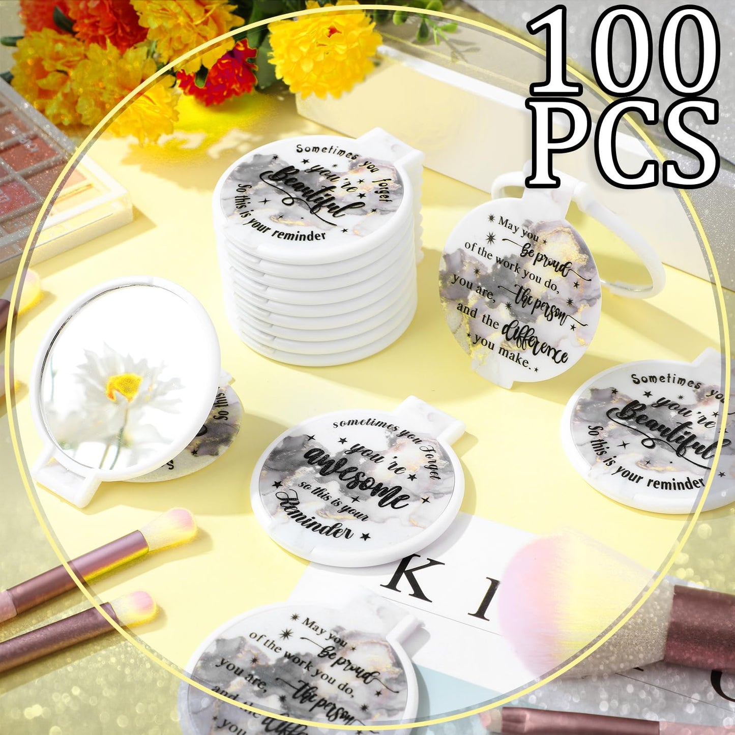 Wenqik 100 Pcs Mini Compact Mirror Bulk Inspirational Gifts for Women Small Pocket Purse Mirror Portable Round Folding Makeup Mirror Gift for Travel Christmas