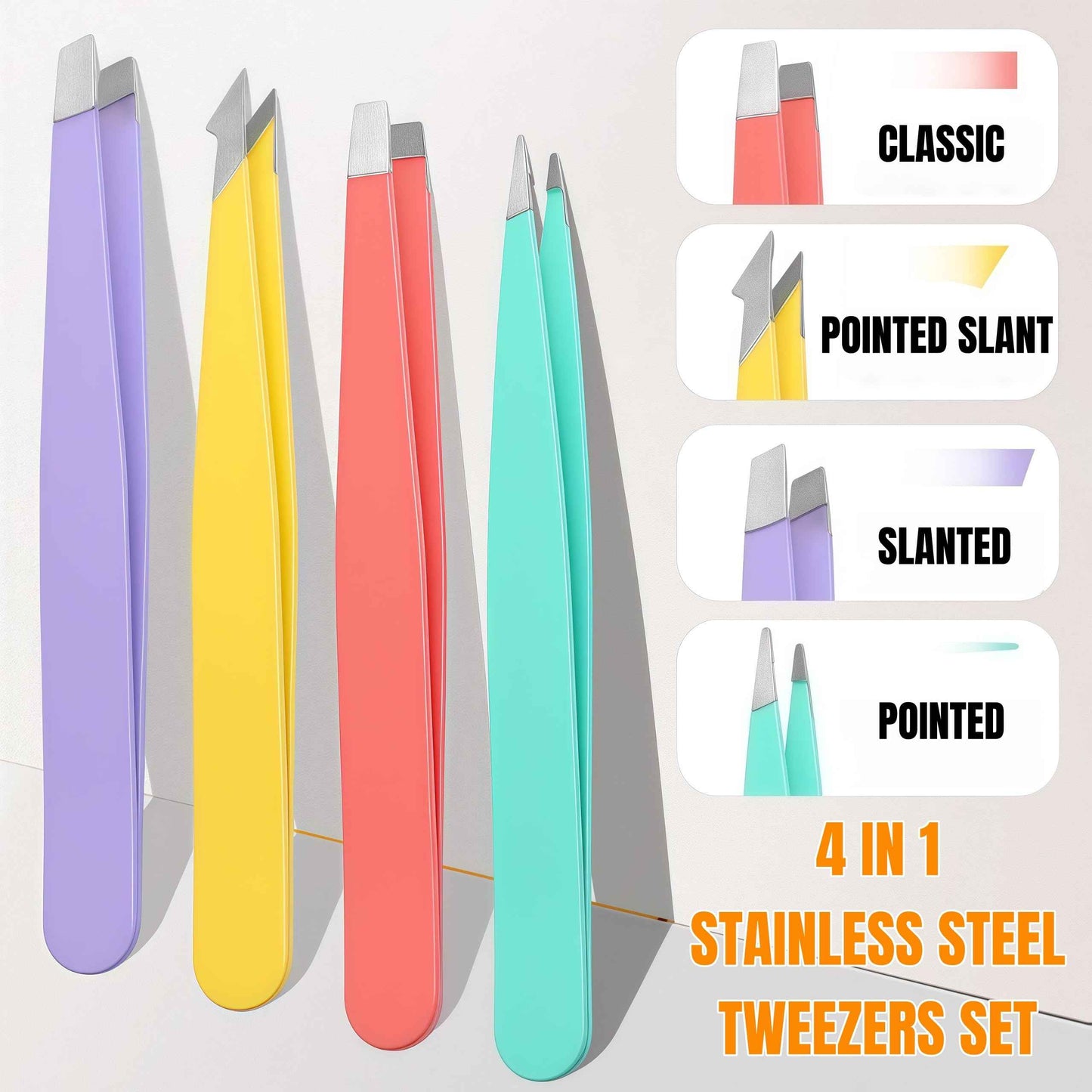 [4+1 Pieces] Tweezers set with pink travel case,Professional Facial Hair Tweezers,Daily Grooming & Plucking Tools for Men & Women,Multi-purpose as Eyebrows Facial Hair Ingrown Hair Removal,Fine Gifts