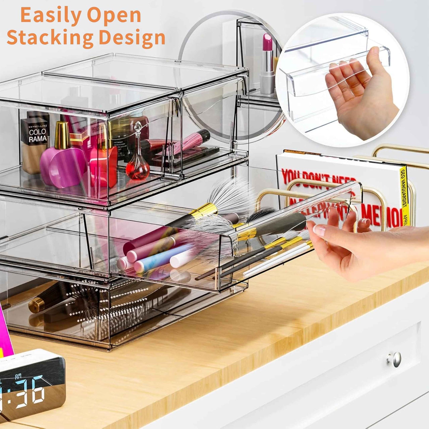 2 Pack Clear Stackable Storage Drawers,12"W Large Bathroom Makeup Organizer and Pen,Sunglass,Medicine,Baby Bottle Organizer,Plastic Pull Out Storage Bins,for Desk,Under Cabinets,Vanity Countertop