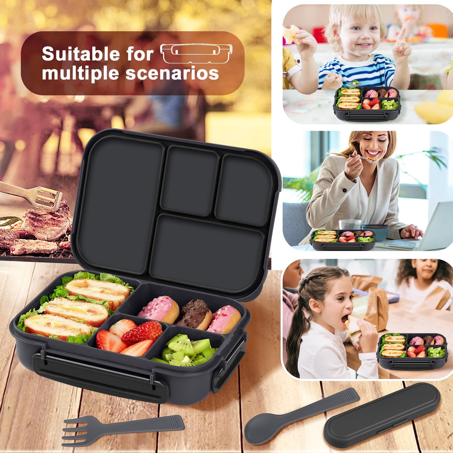 Amathley Lunch Box Kids,Bento Box Adult,Leakproof Lunch Containers for Adults/Kids/Toddler,1200ML-4 Compartments bento Lunch box with Utensil,Microwave & Dishwasher & Freezer Safe (Dark Gray)