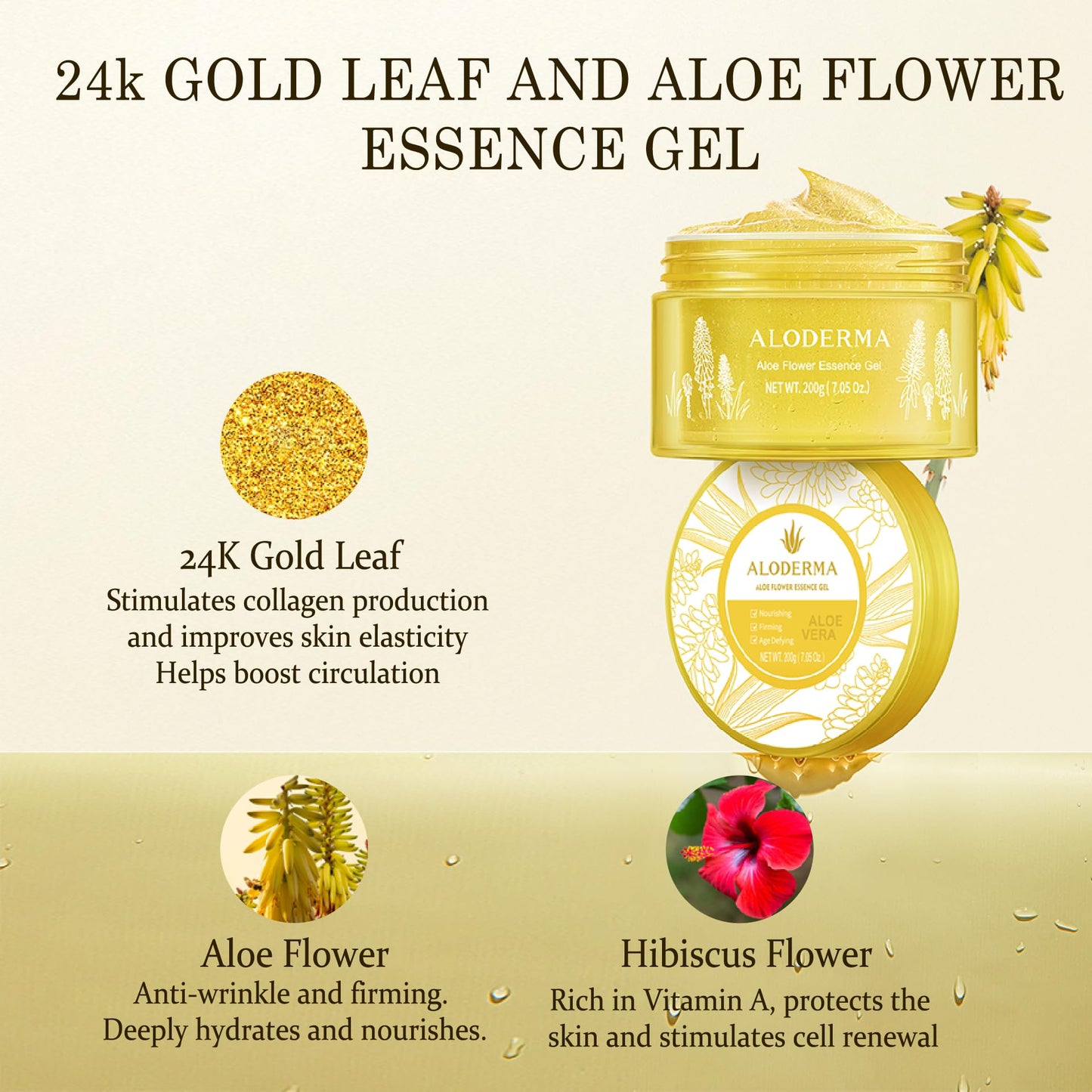 Aloderma Age-Defying 24K Gold Leaf Aloe Flower Essence Gel, Made within 12 Hours of Harvest - Luxurious Aloe Gel with Allantoin & Hyaluronic Acid for a Glowing, Shimmering, Youthful Complexion, 7oz