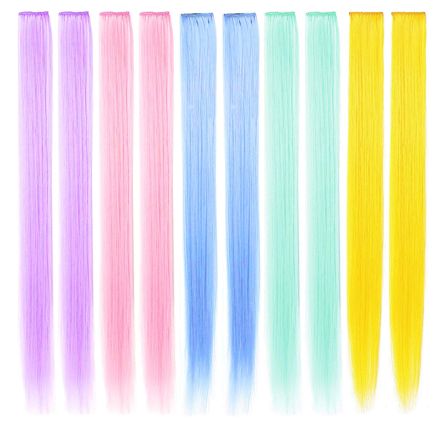 FAIRY COLOR 10 PCS Colored Hair Extensions, Multi-colors Party Highlights Clip in Heat-Resistant Synthetic Hair Extensions 21 Inch (Light blue Light pink Light green Light purple Yellow)