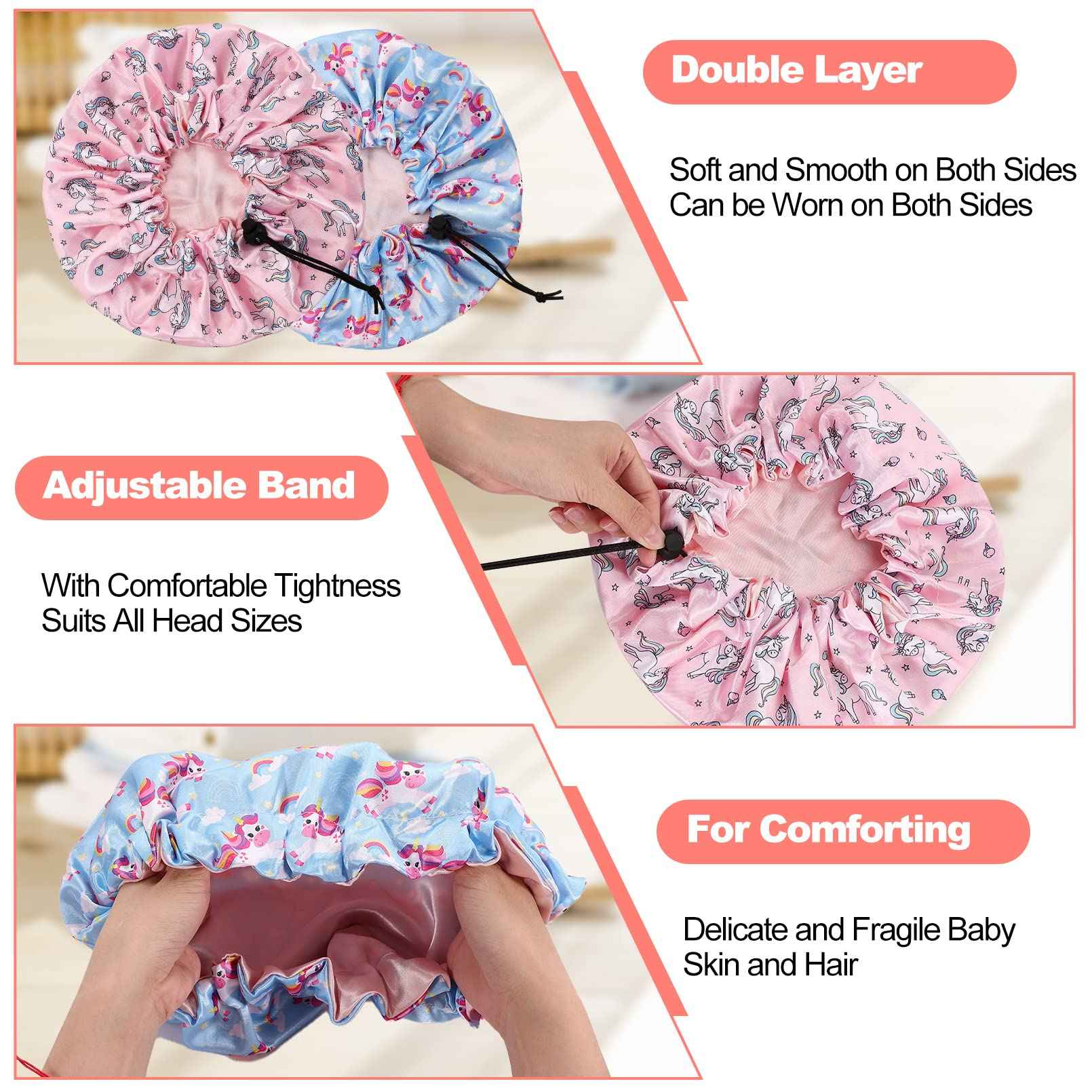 CACASO 4 Pieces Kids Satin Bonnet Sleeping Cap,Adjustable Satin Sleep Cap for Sleeping Hair Bonnet,Double Layer Reversible Sleep Bonnet Soft Night Hats for Natural Hair Toddler Child Baby(A-Unicorn)