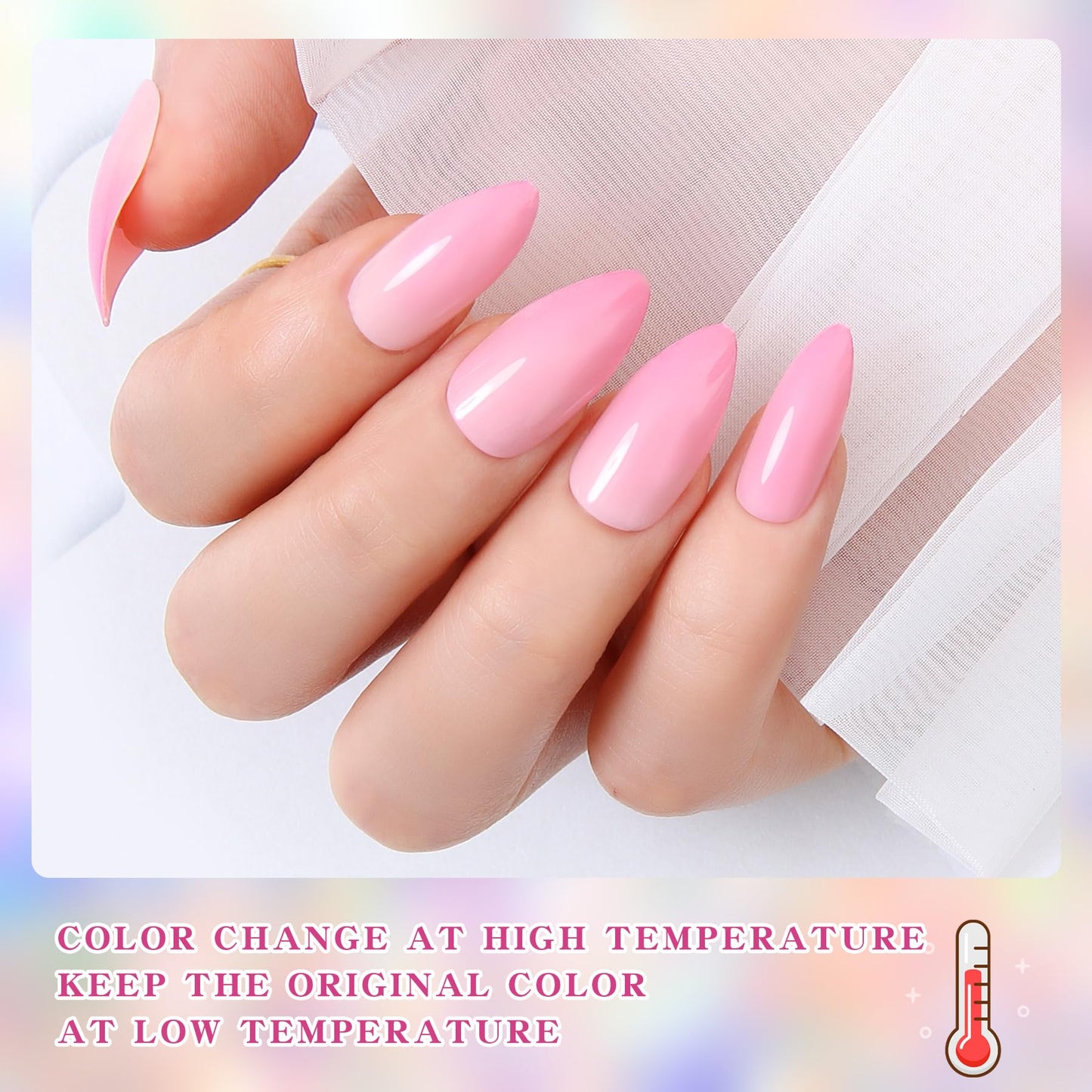 Mood Temperature Change Nails Pink To Light Pink Color Changing Gel Tips Stiletto Almond False Nail Art Design