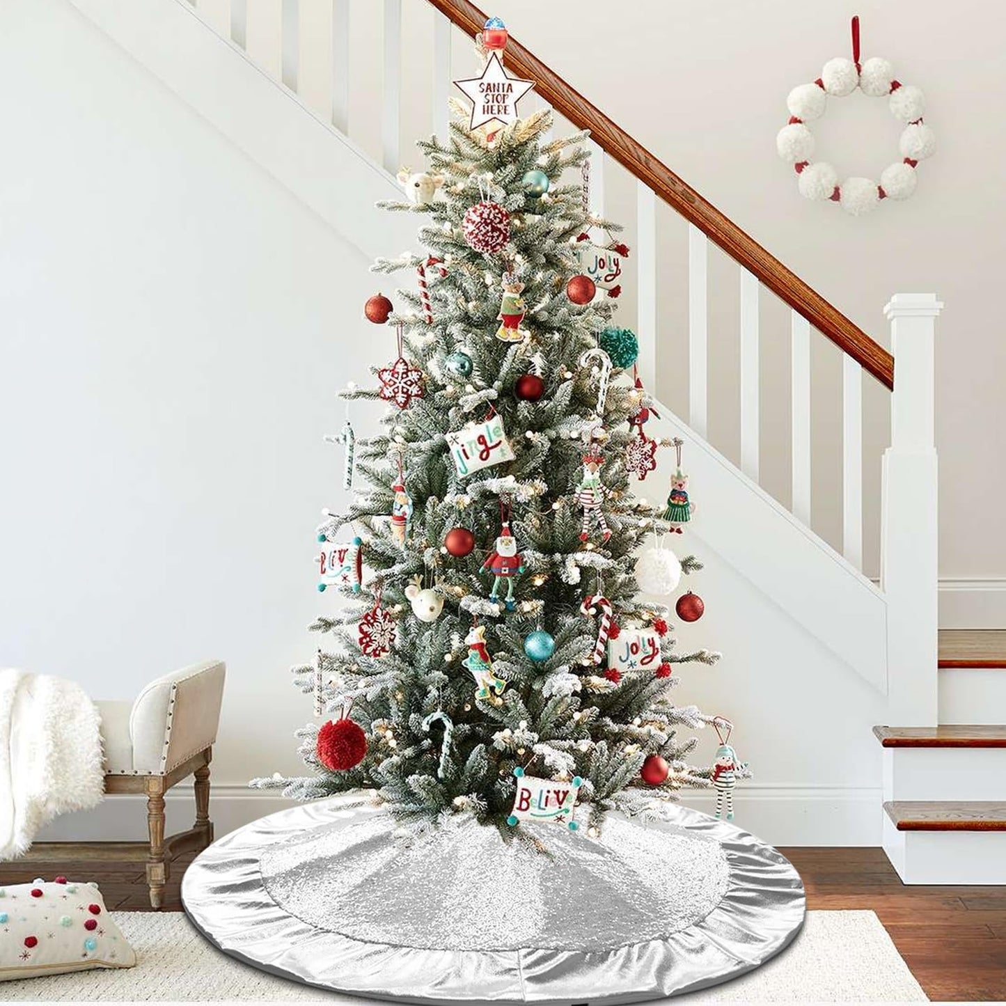 Ivarunner Silver Tree Skirt, Large Christmas Tree Skirt 48 Inch with Glitter Satin Trim - Silver Sequin Tree Skirt - Xmas Bling Tree Mat Double Layers for Silver Christmas Ornaments and Decorations