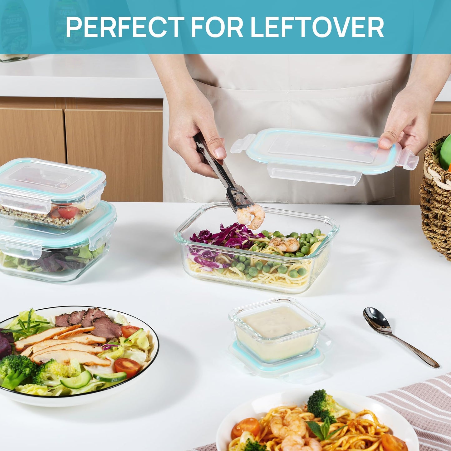 Vtopmart 8 Pack Glass Food Storage Containers , Meal Prep , Airtight Bento Boxes with Leak Proof Locking Lids, for Microwave, Oven, Freezer and Dishwasher, BPA Free