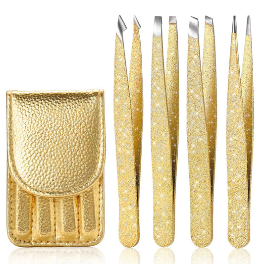 FungChoi 4-Pcs Glitter Stainless Steel Precision Tweezer Set for Eyebrows, Ingrown Hair & Lash Extensions (Gold)
