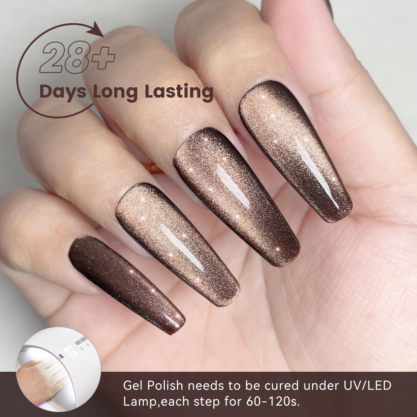 YTD Likomey Cat Eye Gel Nail Polish,15ml Brown Holographic Translucent Neutral Velvet Jelly Sheer Shiny Magnetic Gold Glitter UV Nail Gel Varnish with Magnet Stick,MY386