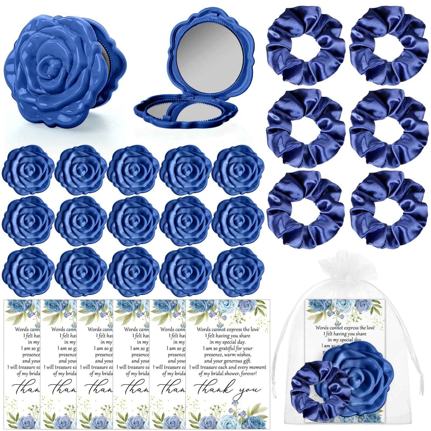 XunYee 30 Sets Bridal Shower Favors for Guests 30 Rose Compact Mirror Bulk 30 Hair Ties Satin Elastic Scrunchies 30 Thank You Card and Organza Bags Souvenir Gift for Wedding Party Favors (Dusty Blue)
