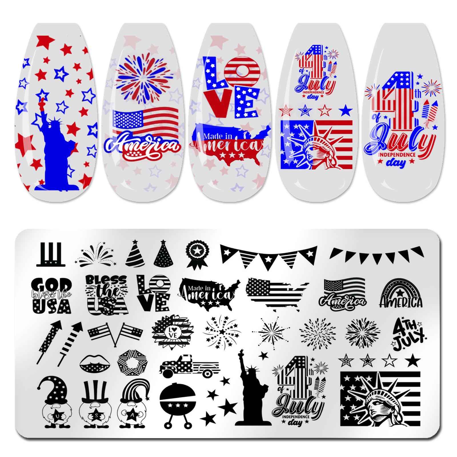 JERCLITY 6pcs 4th of July Nail Stamping Plates Independence Day Nail Stamping Kit Patriotic American Flag Star Statue of Liberty Image Plates Nail Art Design Template Print Nail Stamper Kit for Women