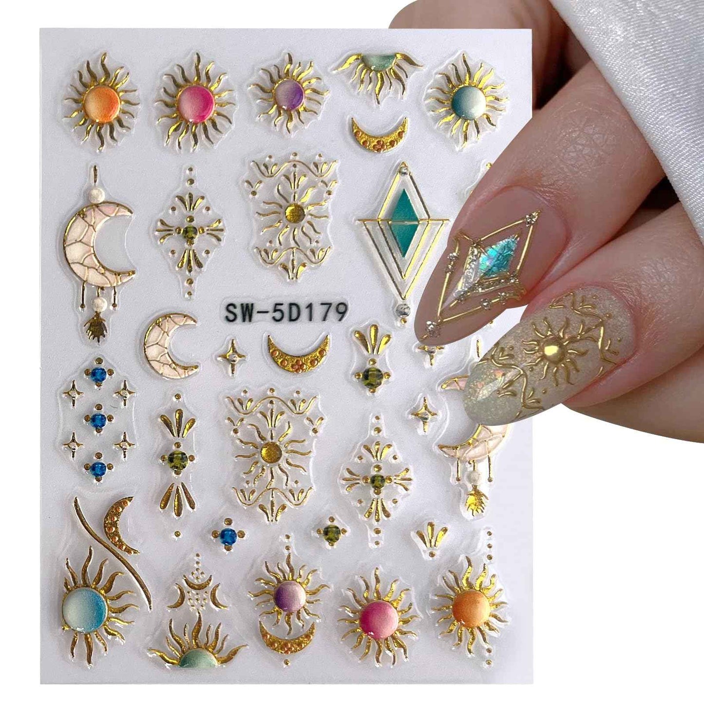MUIIIGOOD 2 Sheet Sun Moon Stars Boho Nail Stickers Charms for Nail Art 5D Embossed Bohemian Style Floral Nail Decals Metallic Gold Sun Moon Star Luxury Celestial Nail Art Stickers Supplies for Women